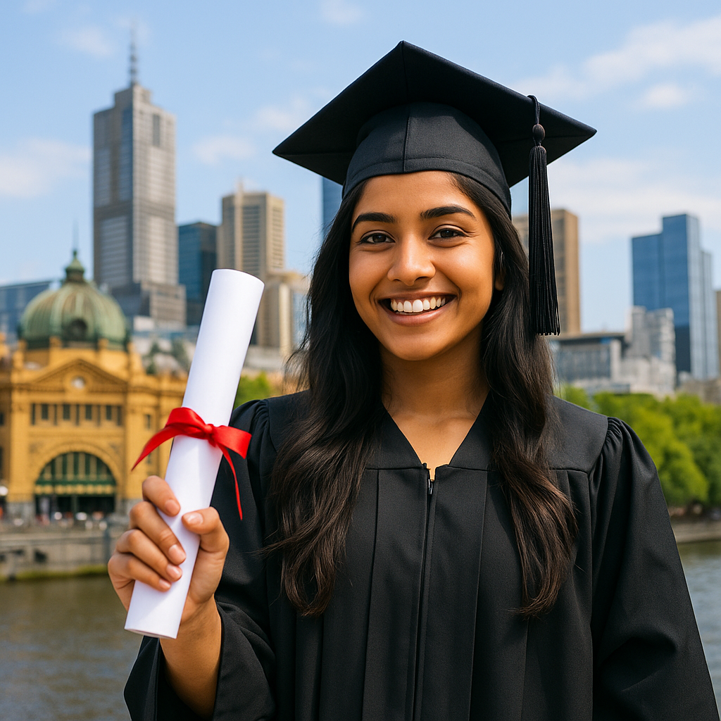 a beautiful young south asian woman in her early twenties, wearing a graduation gown and cap with a tassel, holding up the diploma or certificate